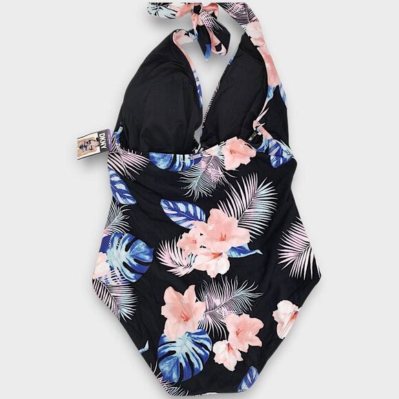 DKNY Womens Swimsuit Sz XXL Floral Navy Halter Tie High Cut Legs Ruched Tummy NW - Picture 2 of 8